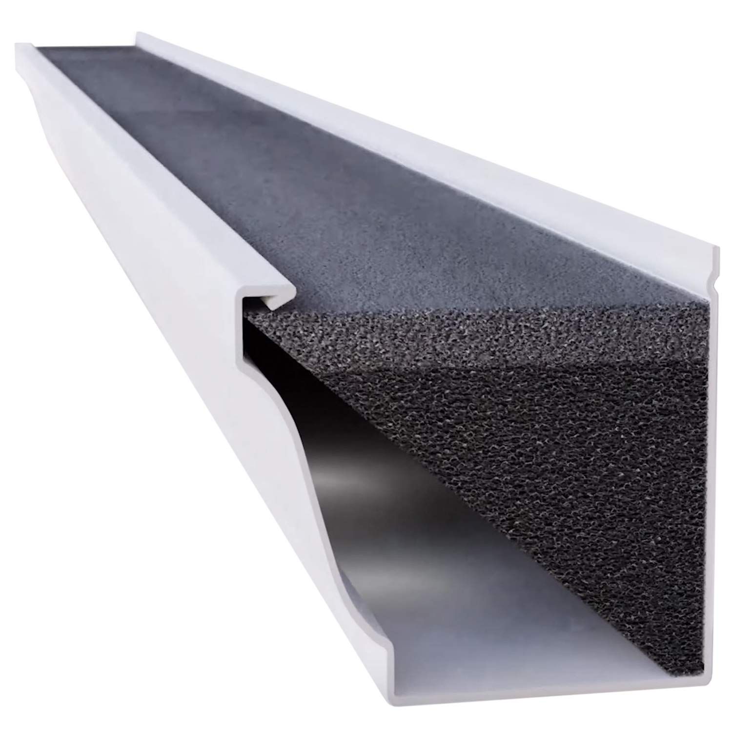 A close up of a gutter with foam on it on a white background.