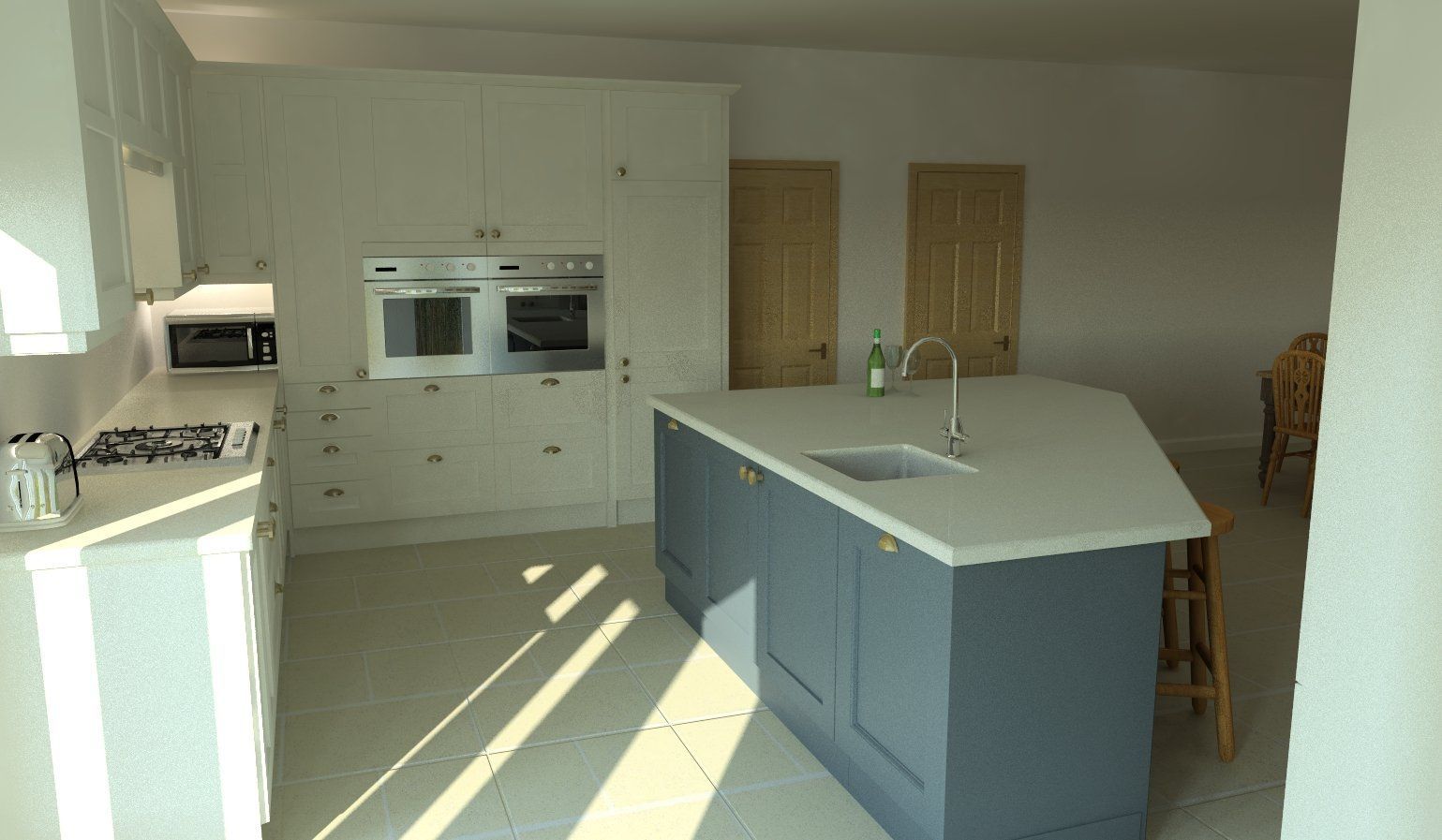 A kitchen with white cabinets, blue island, and two wooden doors.
