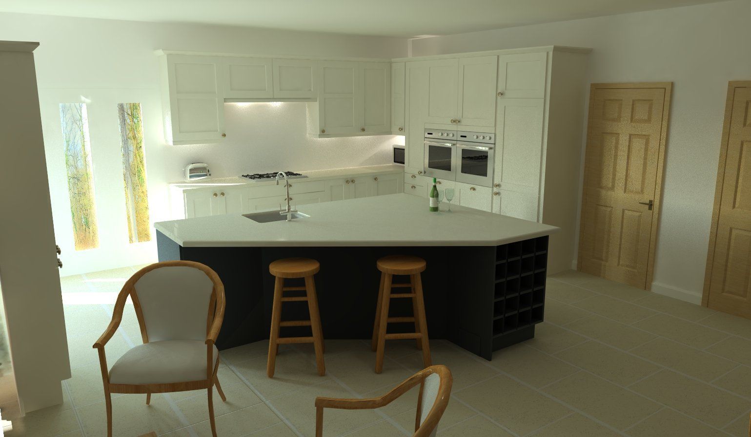Modern kitchen with a blue island, light cabinets, and bar stools.