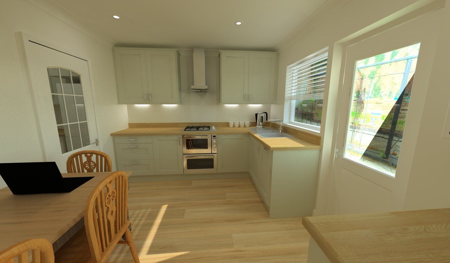 Kitchen with light green cabinets, wood countertop, oven, sink, and door to a garden.