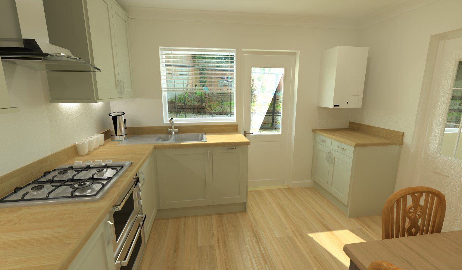 Kitchen with light green cabinets, wood counters, gas stove, and a window.