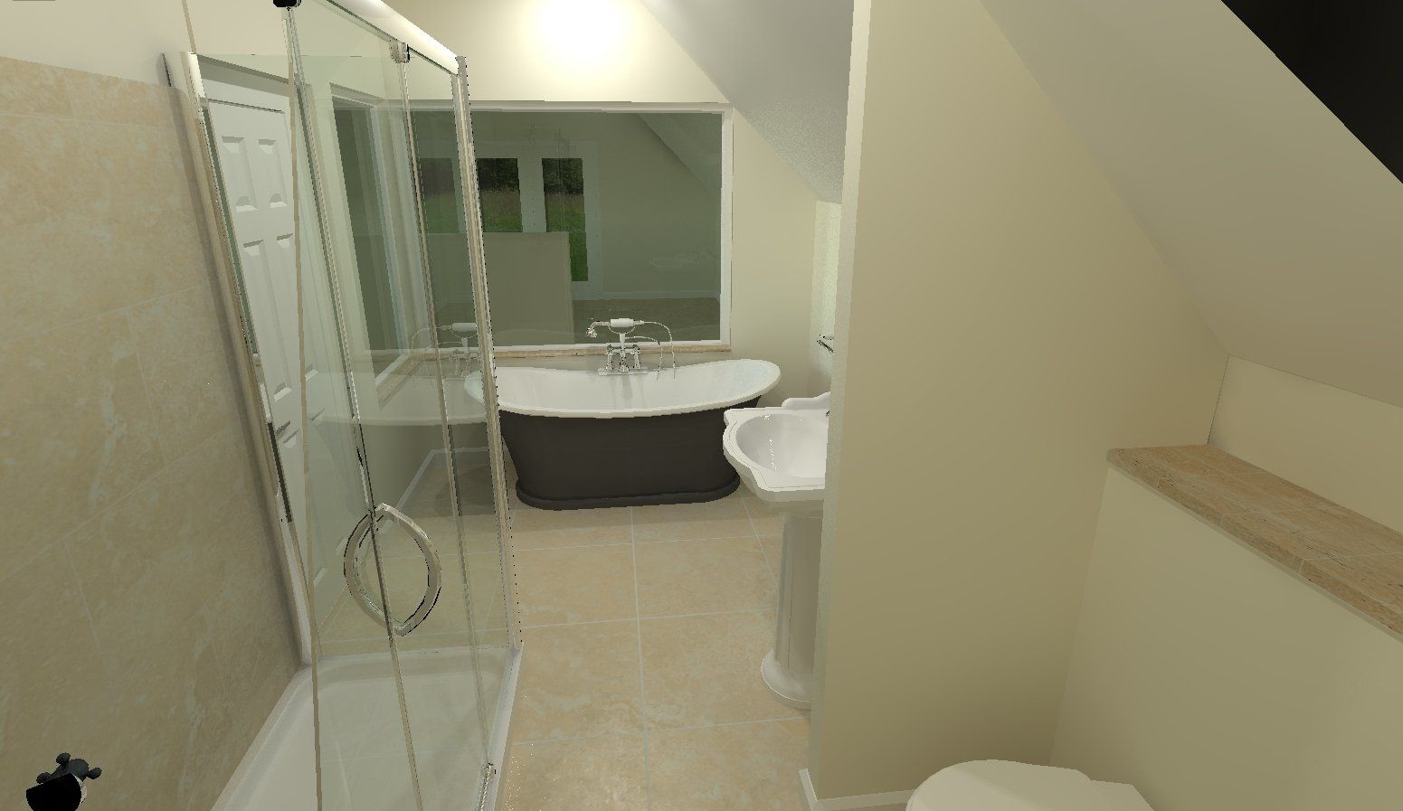 Bathroom with a shower, sink, and bathtub. Beige walls, tile floor, and large window.