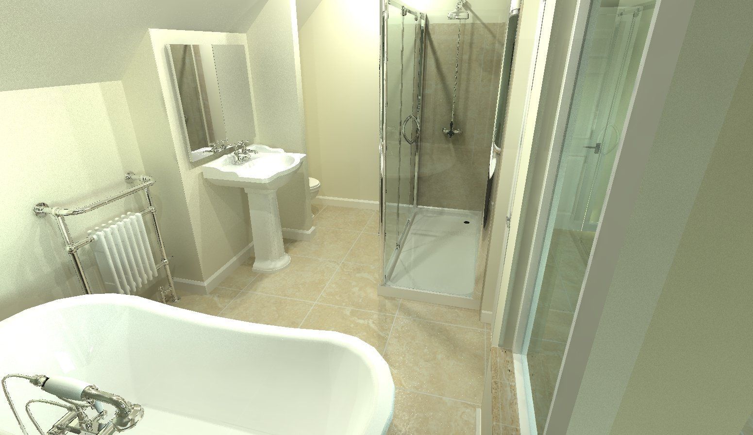 Bathroom with a white bathtub, shower, sink, and radiator.