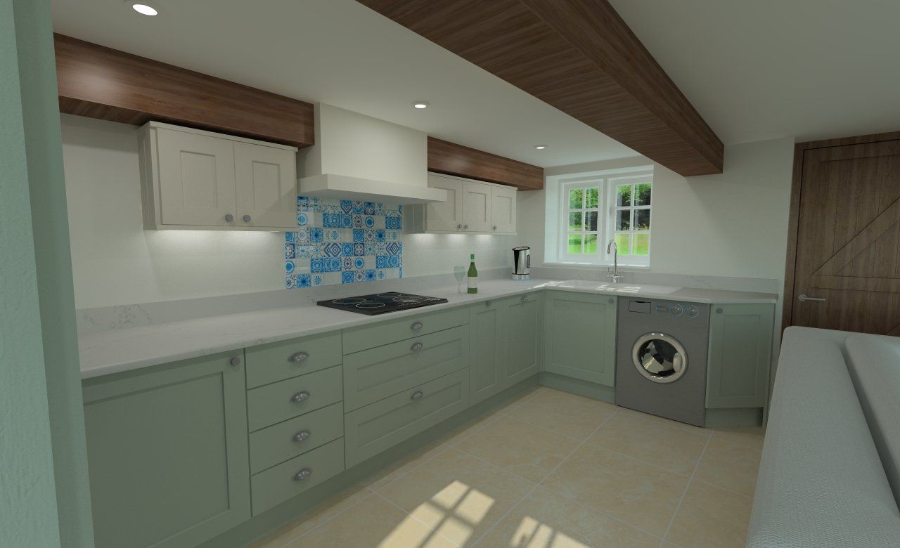Kitchen with sage green cabinets, blue tile backsplash, wooden beams, and a washing machine.