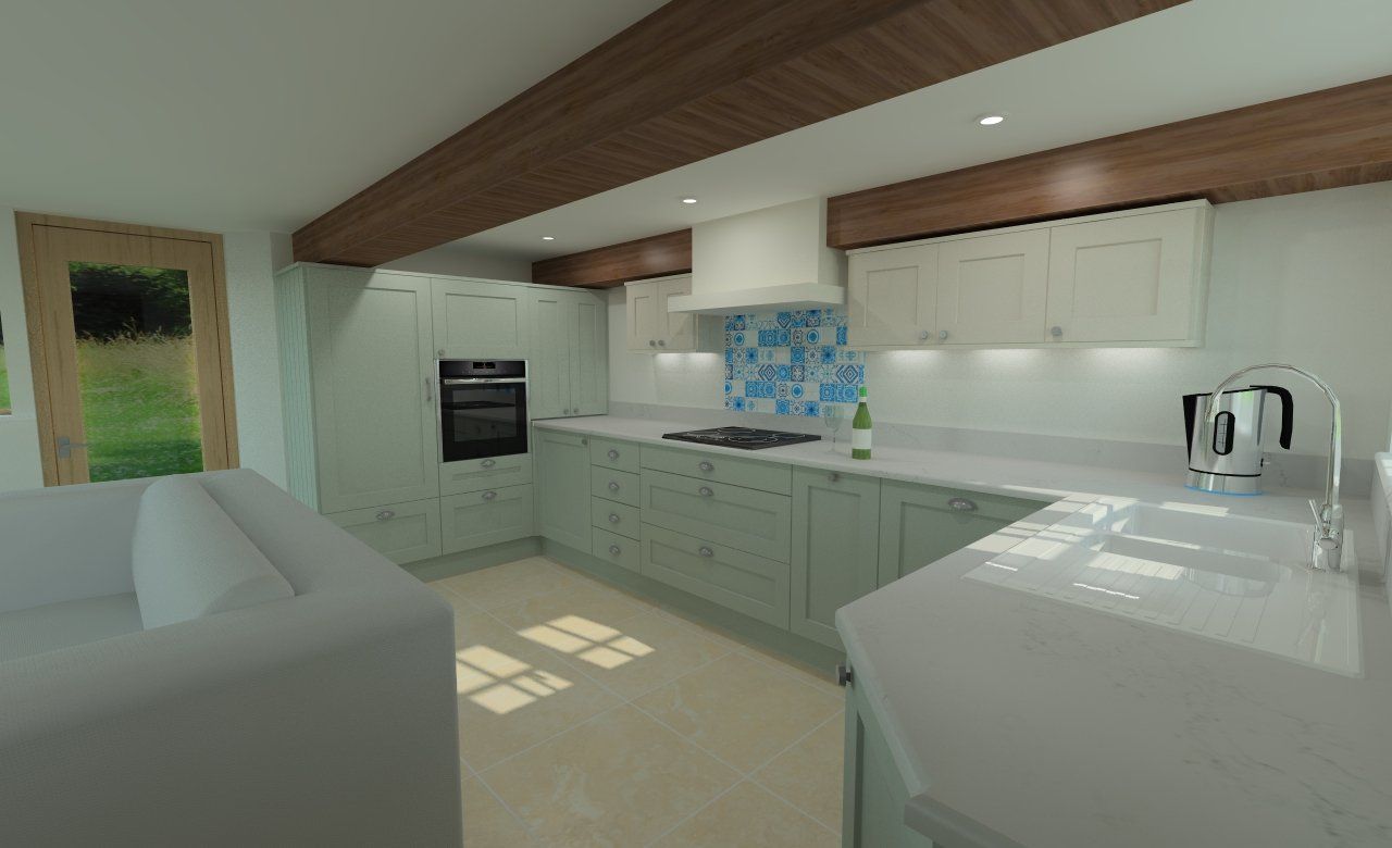 Kitchen with light blue cabinets, white countertops, and wooden beams.