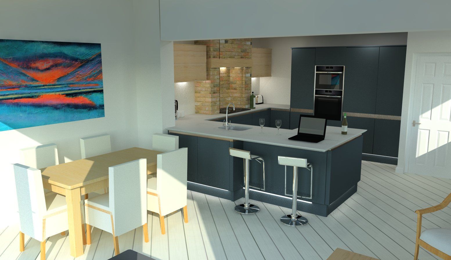Modern kitchen with dining area; teal cabinetry, white island with stools, and artwork.