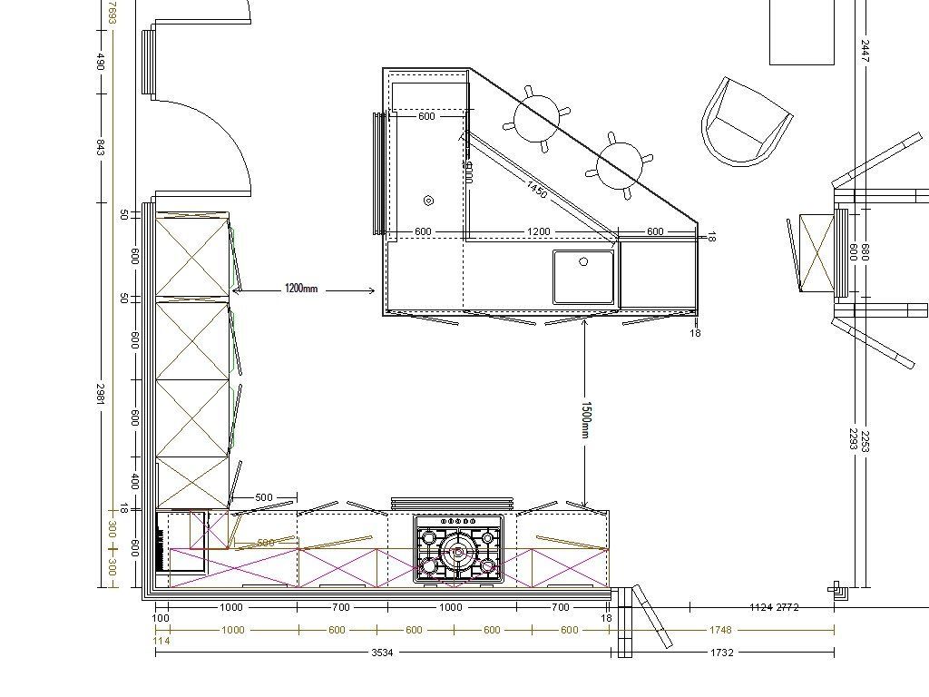 Top-down kitchen floor plan with cabinets, island, and dining area layout.