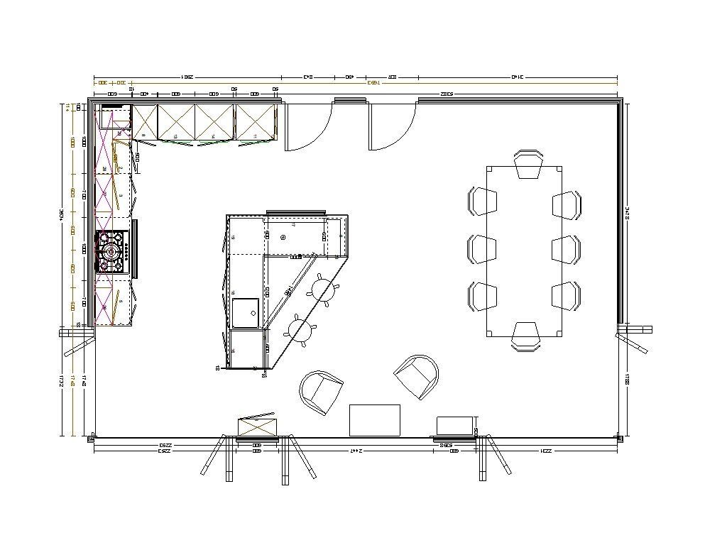 Floor plan of a kitchen with an island, cabinets, a dining table, and seating.