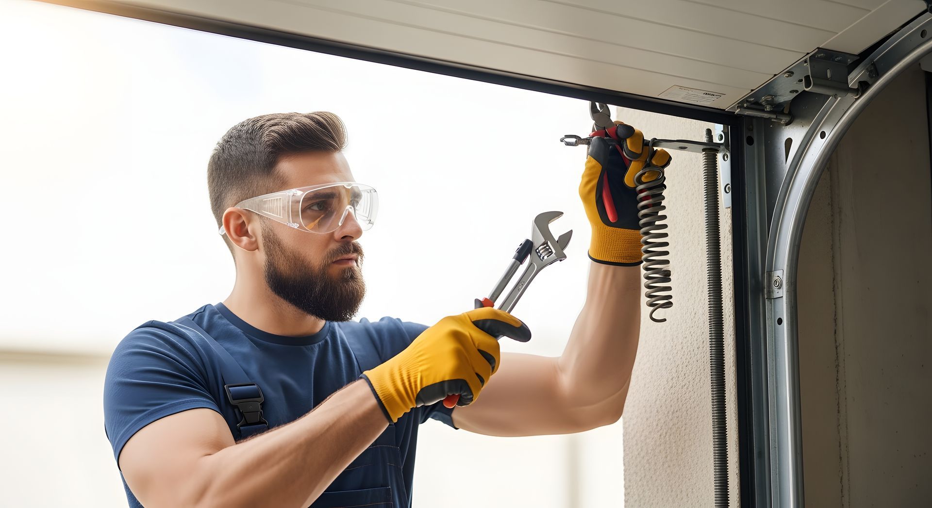 Technician repairing garage door spring indoors using tools for garage door repair services. Technician repairing garage door spring indoors using tools for garage door repair services.