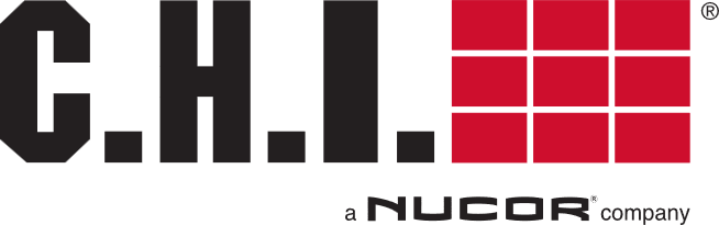 C.H.I NUCOR company Logo of C.H.I. Overhead Doors, black text, red grid graphic,