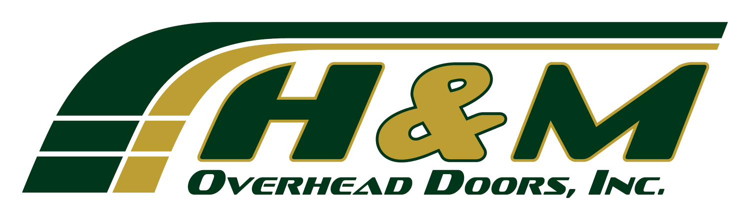 H & M Overhead Doors Inc Logo for H & M Overhead Doors, Inc., in dark green and gold. The logo shows
