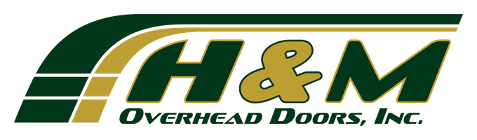 Logo for H & M Overhead Doors, Inc., in dark green and gold. The logo shows 