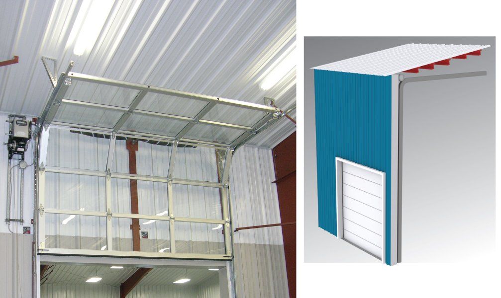 A partially open, commercial glass overhead door and a 3D architectural rendering of a warehouse.