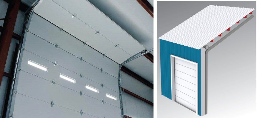 White overhead industrial door, open, and a 3D diagram of the door.