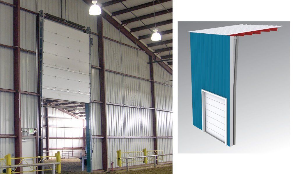 Large metal building with a rolling door and a diagram of the door's construction.