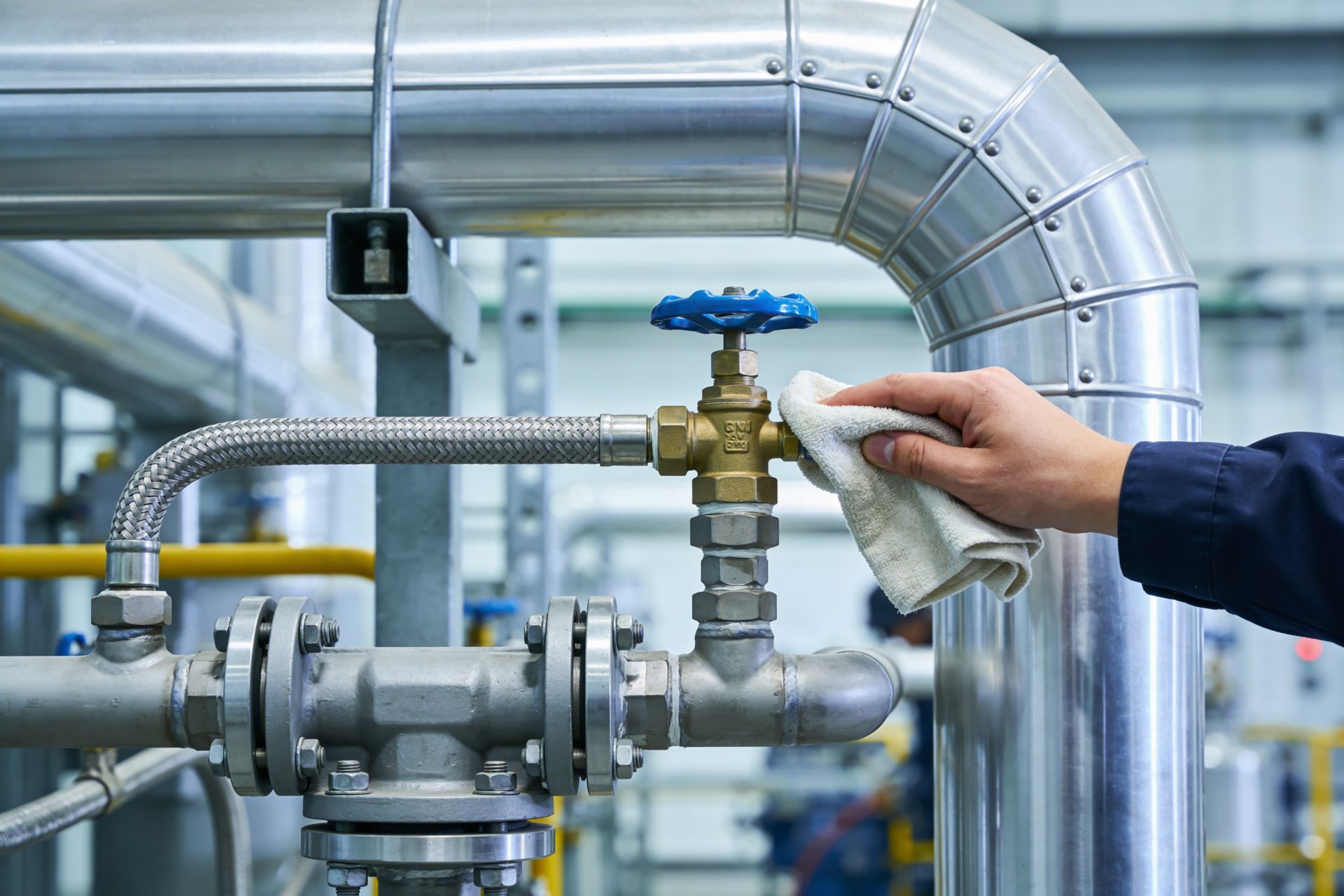Un ouvrier nettoie une vanne de tuyauterie industrielle dans la salle des machines.