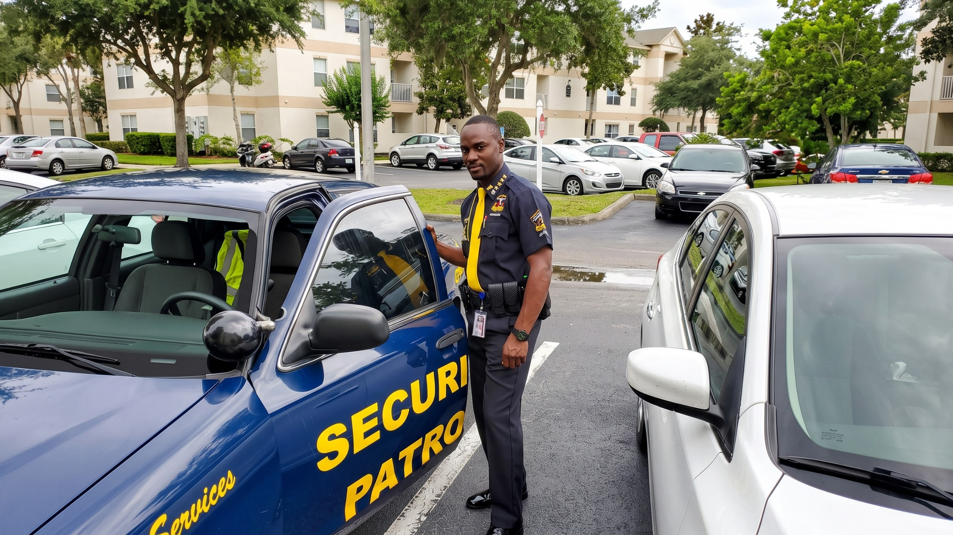 Security patrol officer standing between parked cars beside a blue patrol vehicle in a lot.