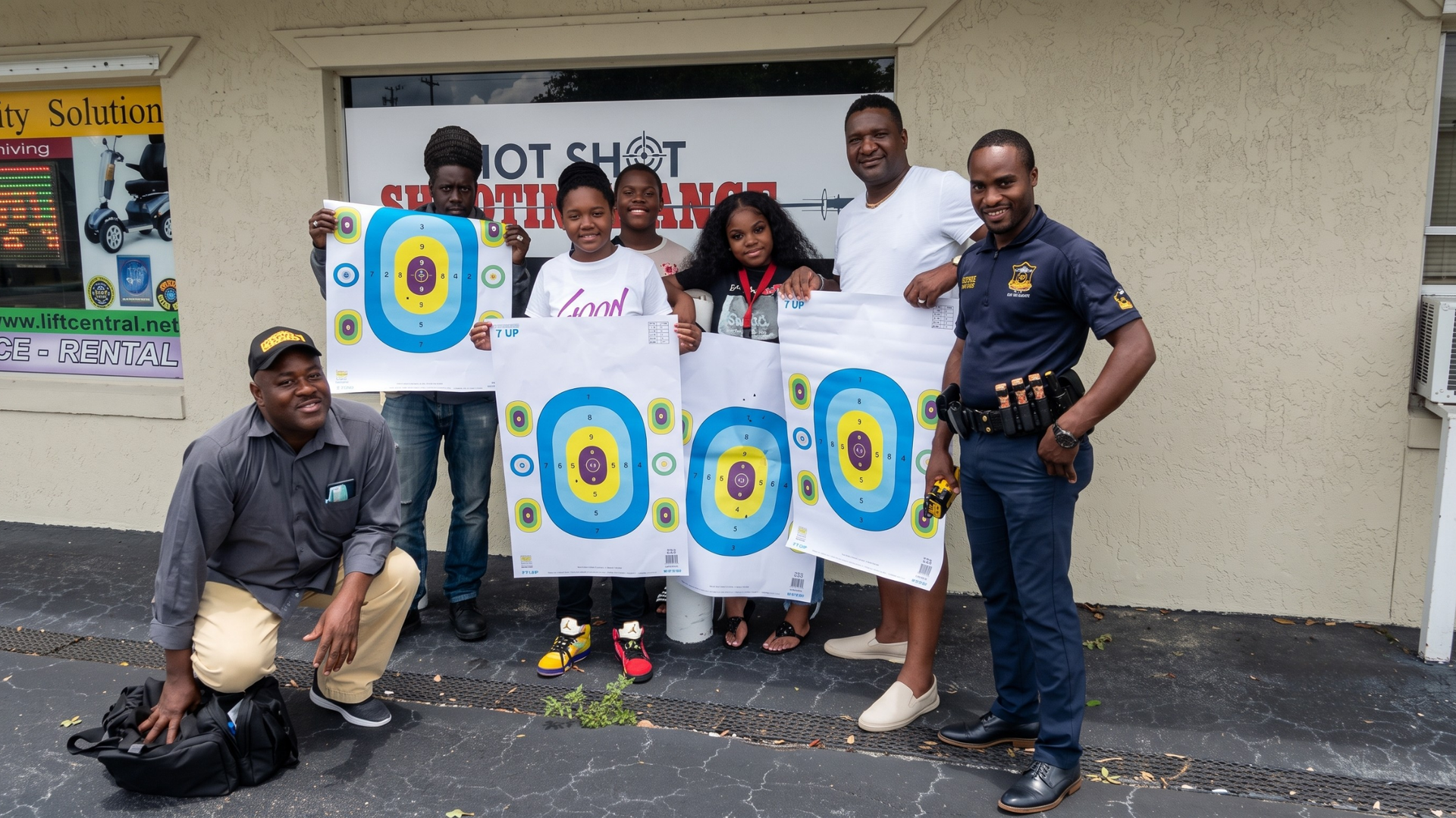 Group posing with target posters outside a building, with a police officer standing at right and a dog at left.