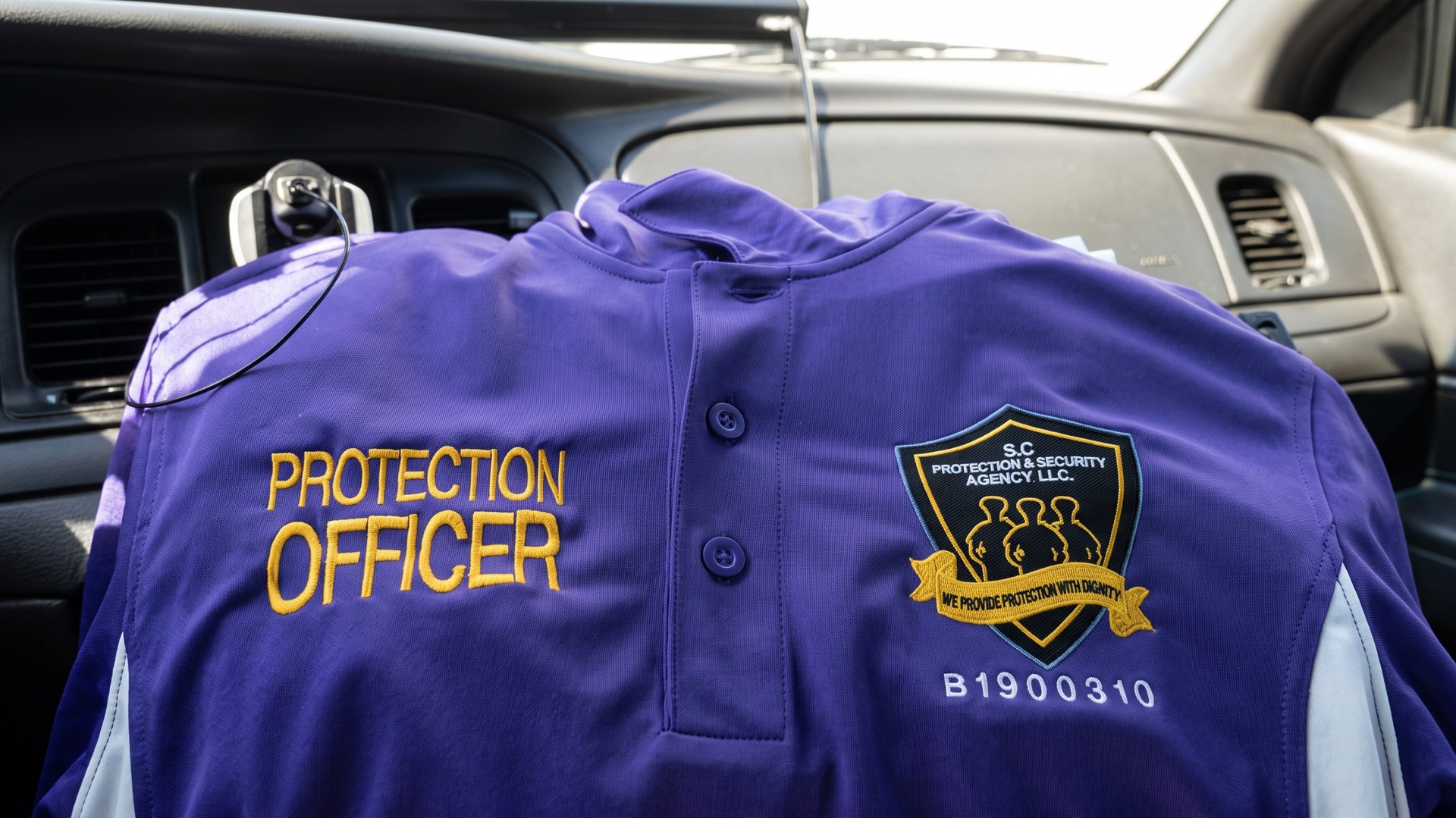 Purple security jacket with gold “PROTECTION OFFICER” lettering displayed in a vehicle