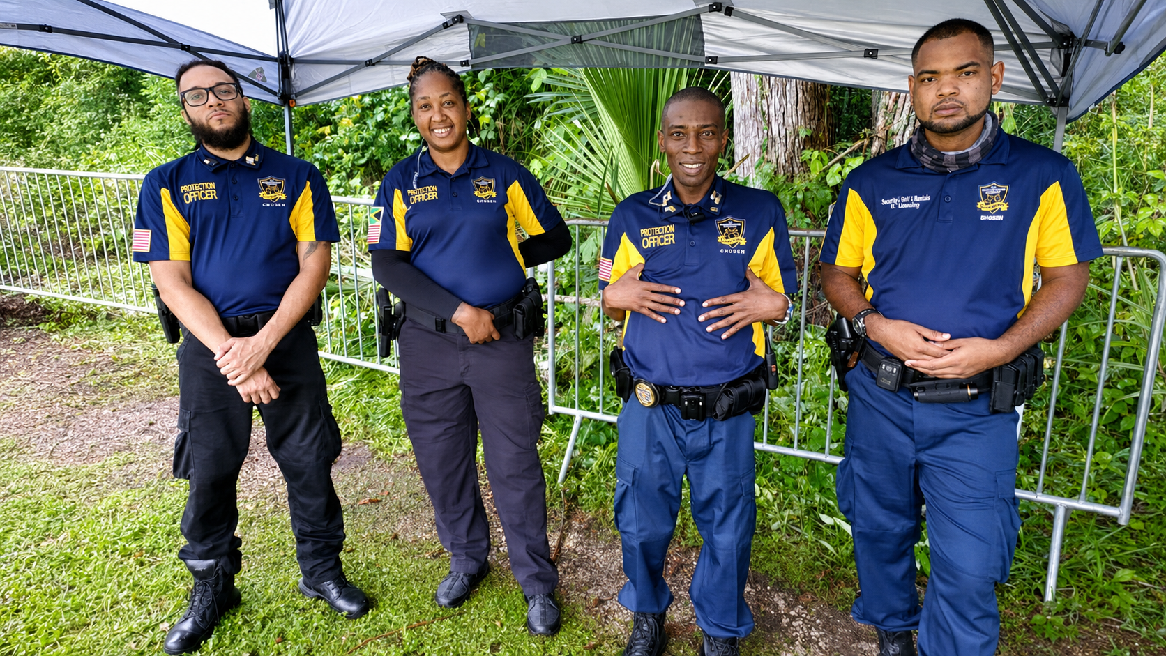 Four uniformed officers standing under a canopy on grass, arms crossed, in front of a fence.