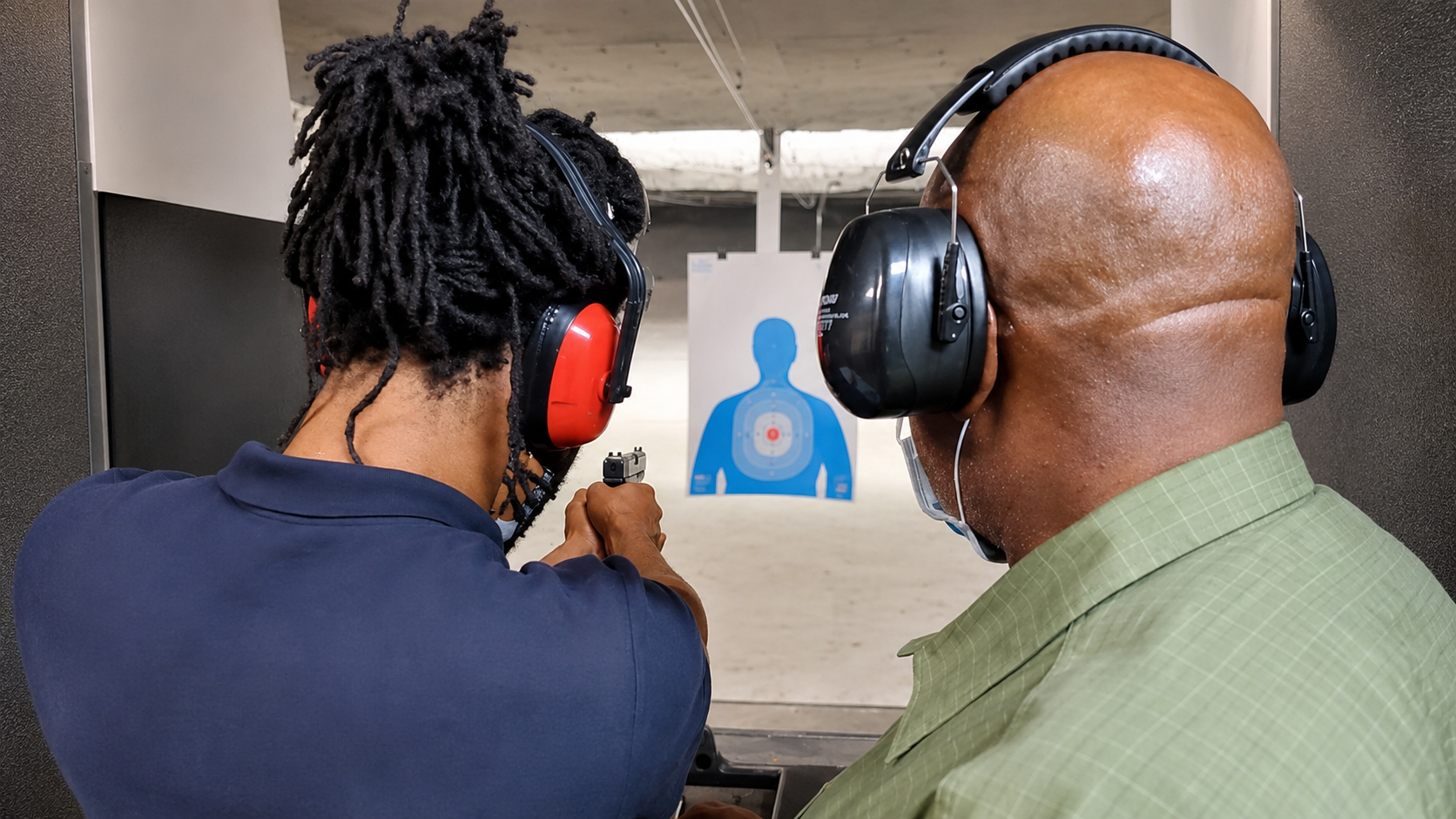 Two people wearing ear protection aim pistols at a blue target at an indoor shooting range