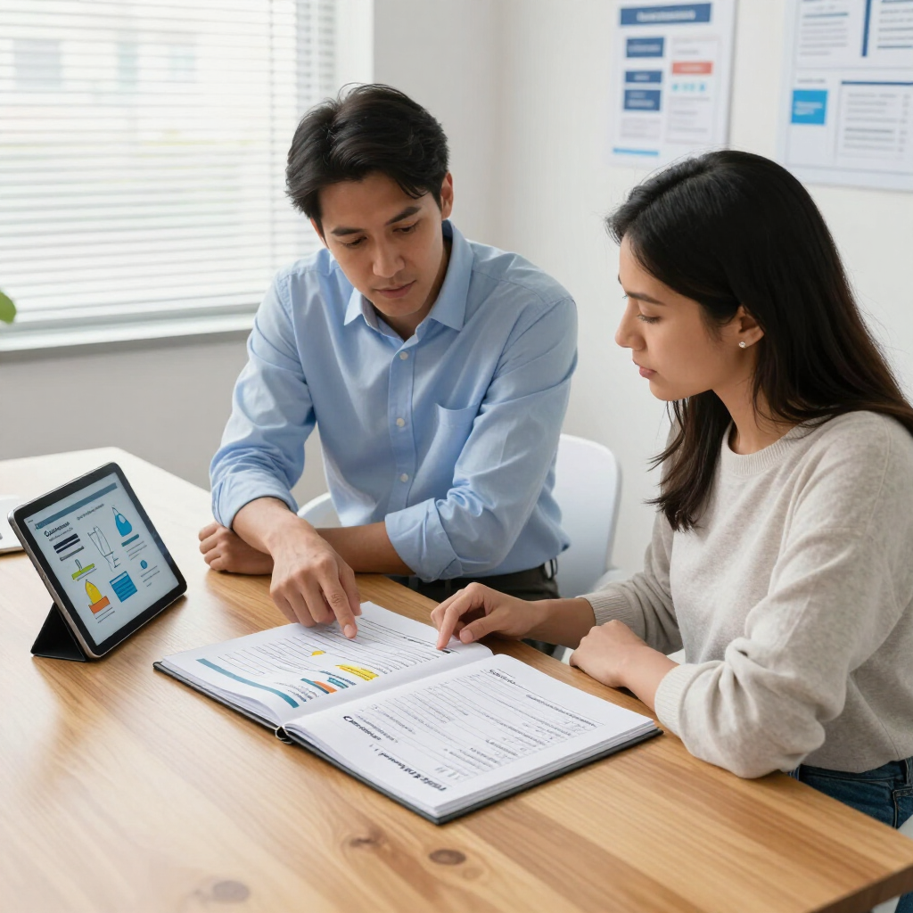 Two people reviewing charts and documents at a table with a tablet in a bright office