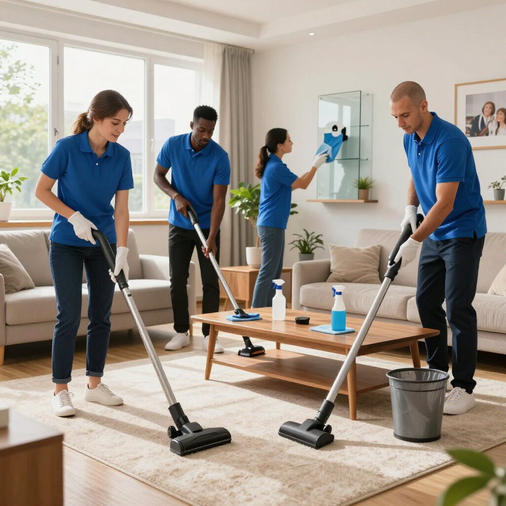 Cleaning crew vacuuming a bright living room, wiping a mirror and dusting furniture