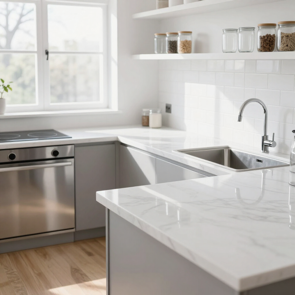 Modern white kitchen with marble island, stainless steel sink and dishwasher, and bright window light
