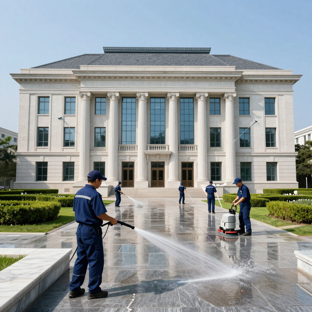 Workers washing the exterior of a large white civic building with columns and a wet courtyard