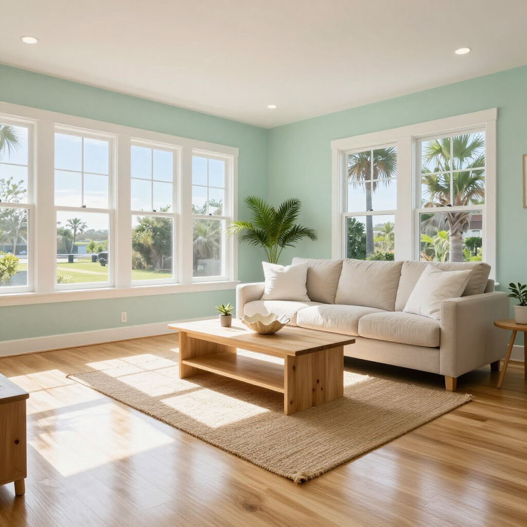 Bright living room with cream sofa, wooden coffee table, and large windows letting in sunlight.
