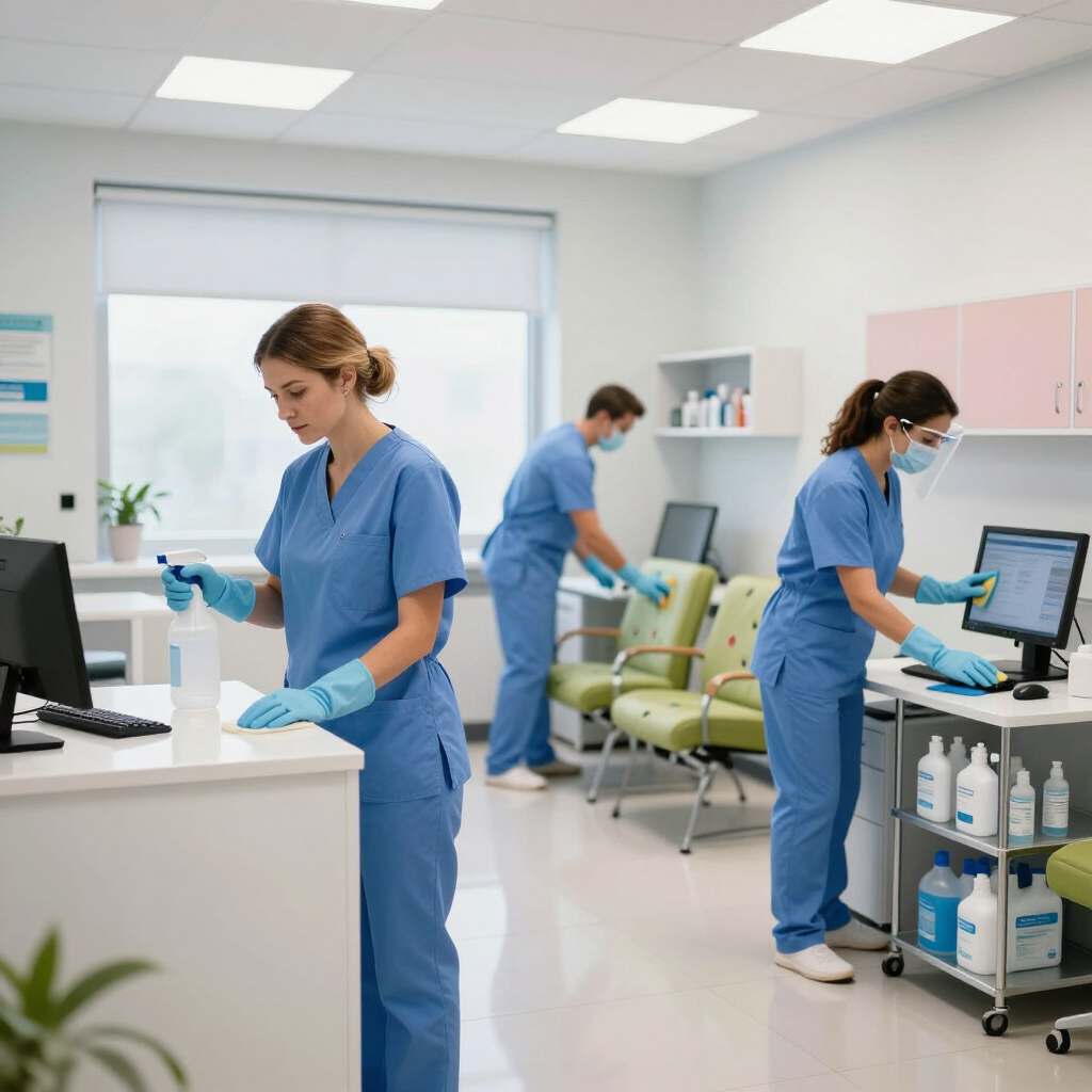 Medical staff in blue scrubs cleaning a bright clinic room with equipment and supplies