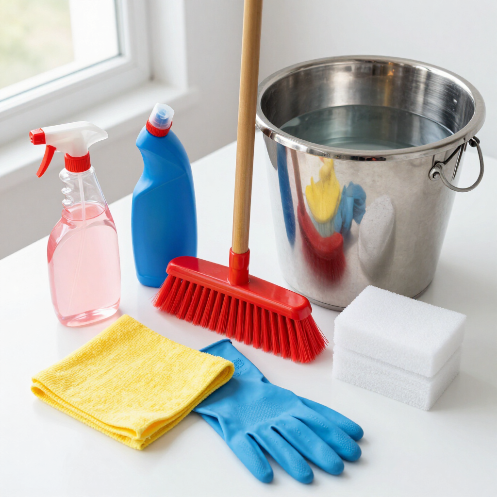 Cleaning supplies on a bright surface: spray bottles, gloves, cloths, sponge, brush, and a metal bucket of water
