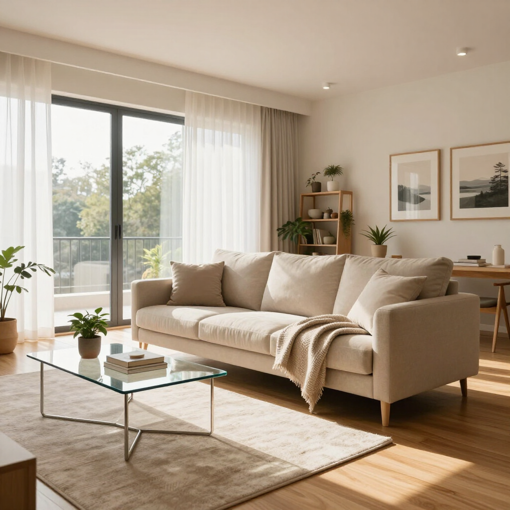 Bright modern living room with beige sofa, glass coffee table, plants, and sunlight through large windows