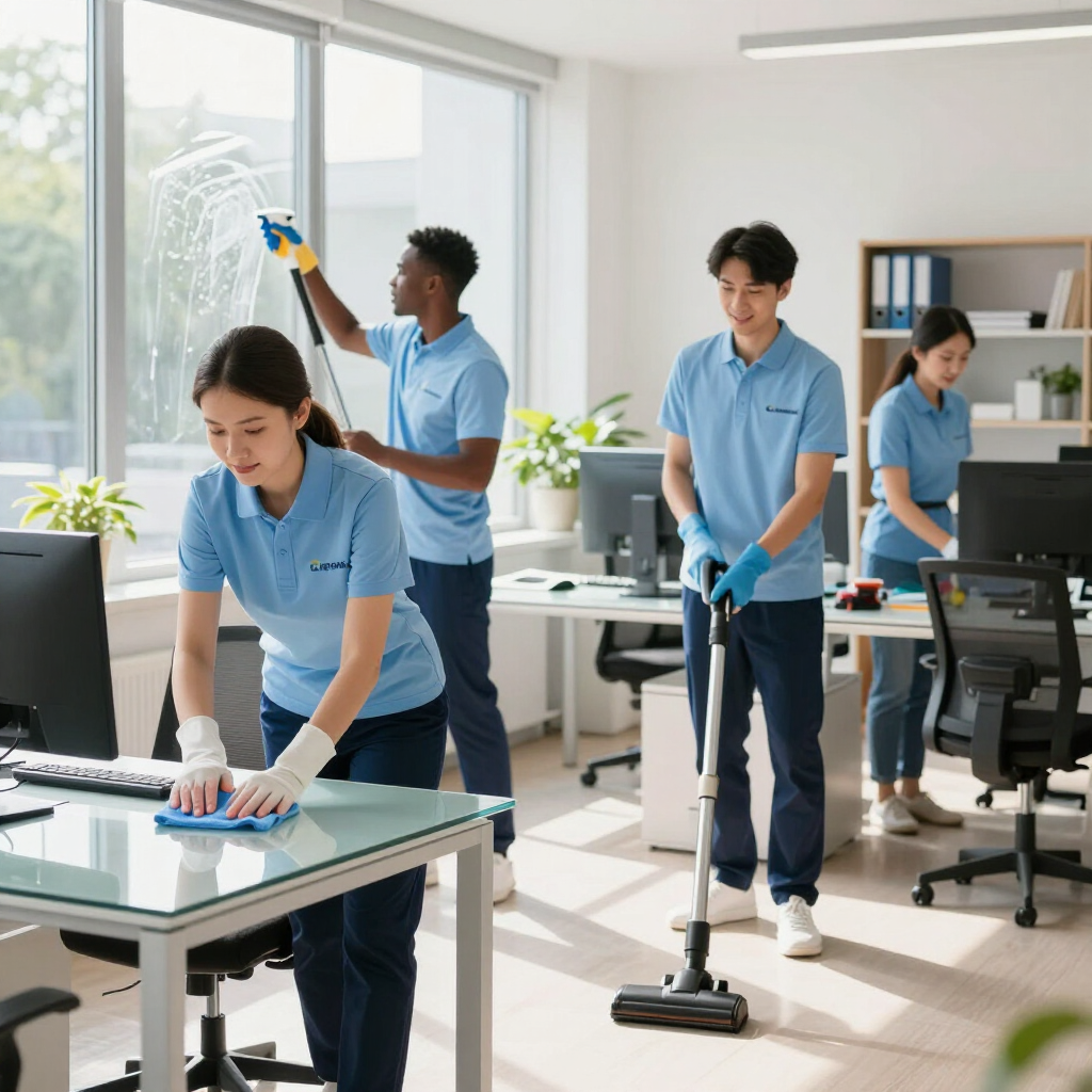 Office cleaning staff in blue uniforms cleaning desks, windows, and floors in a bright workspace