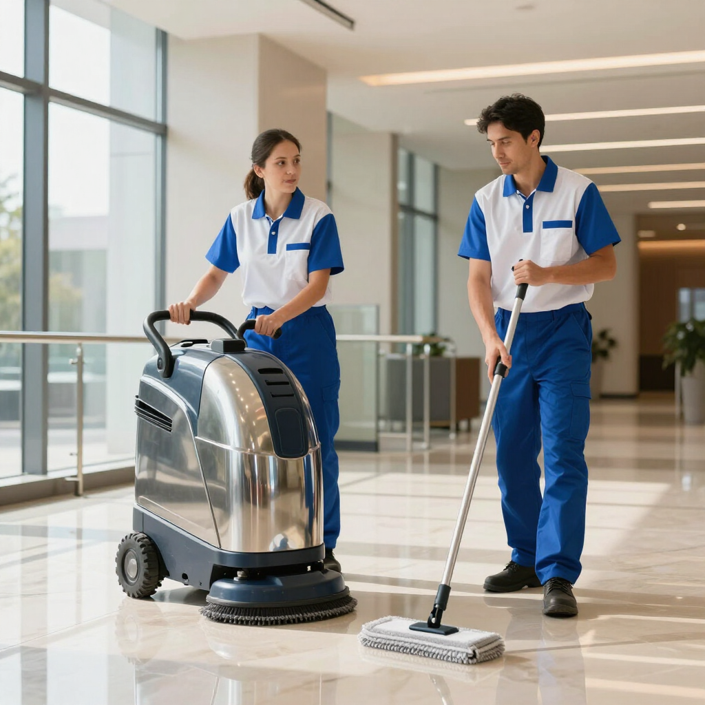 Two janitors in blue uniforms cleaning a bright hallway with a floor scrubber and mop