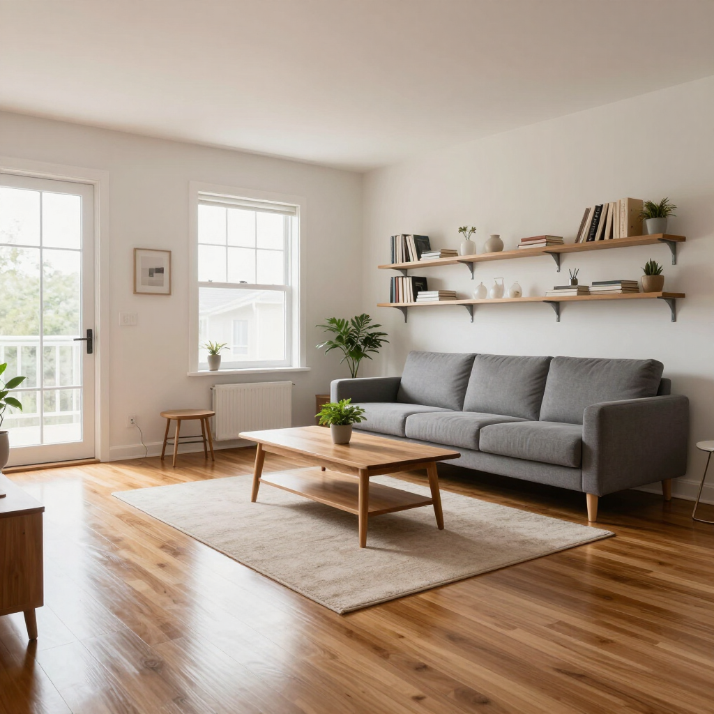 Bright living room with gray sofa, wooden coffee table, wall shelves, and large windows on hardwood floors