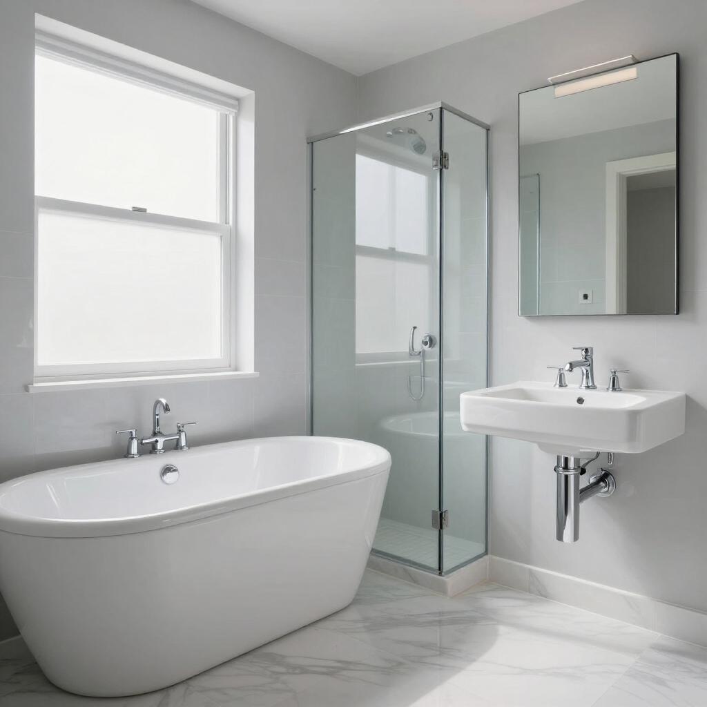 Bright modern bathroom with a freestanding tub, glass shower, wall-mounted sink, and mirror