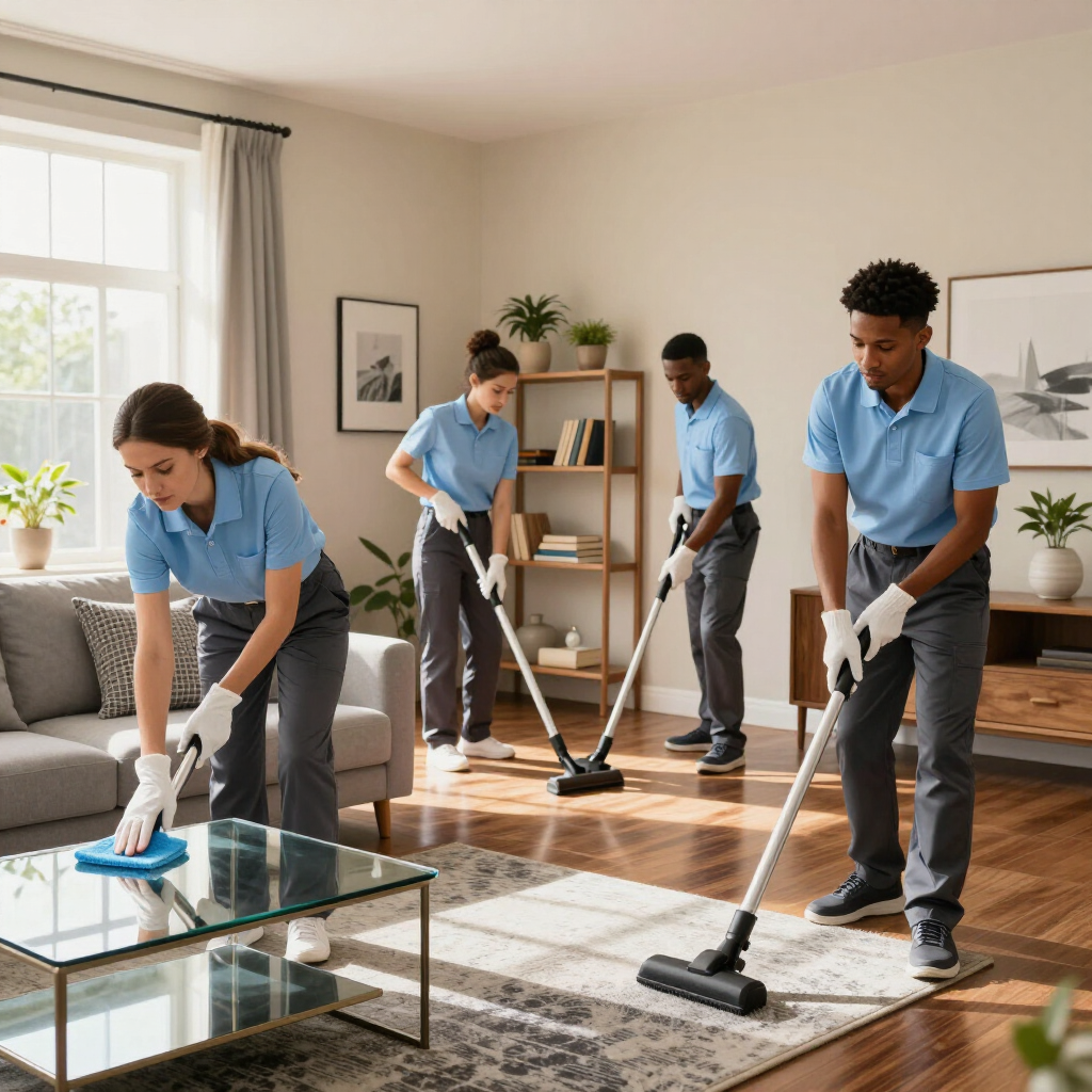 Four cleaners in blue shirts vacuum and wipe a bright living room with a glass coffee table.