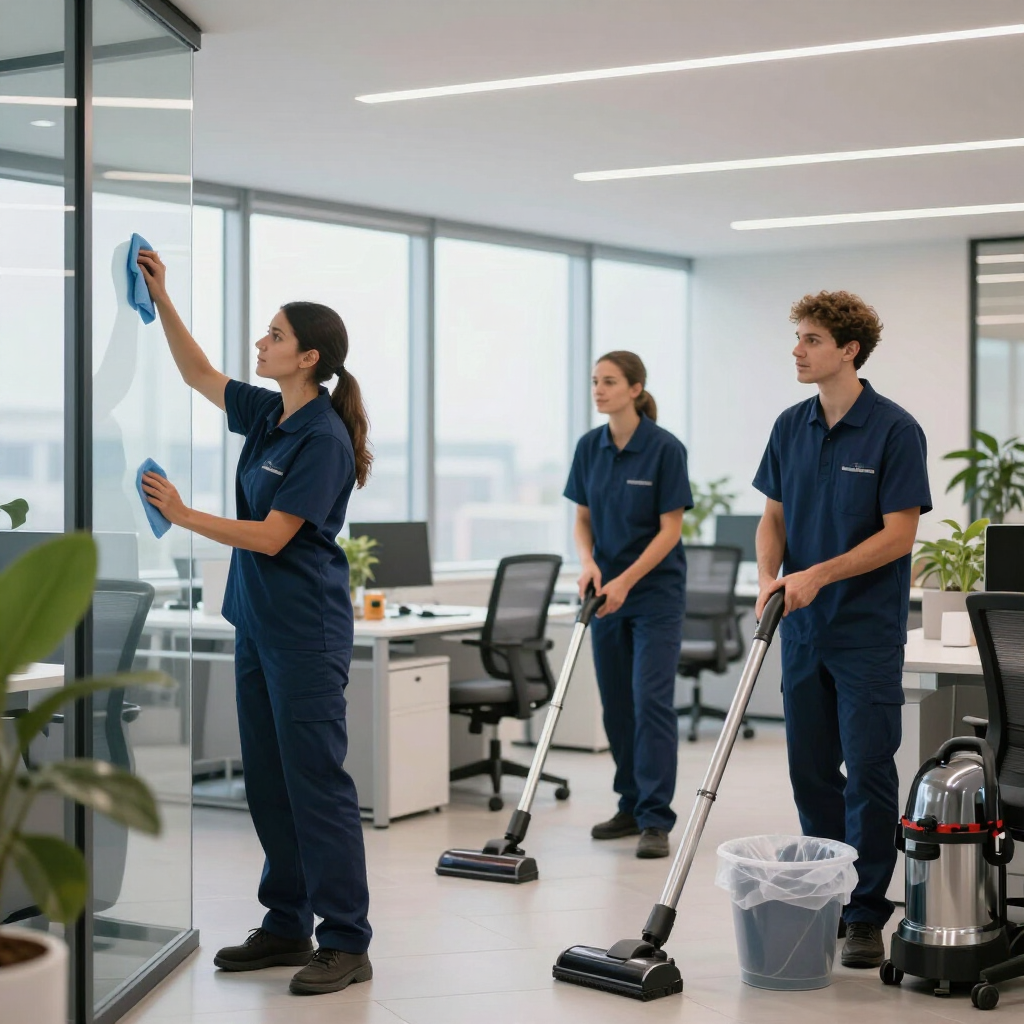 Office cleaners mopping and vacuuming a bright modern workspace
