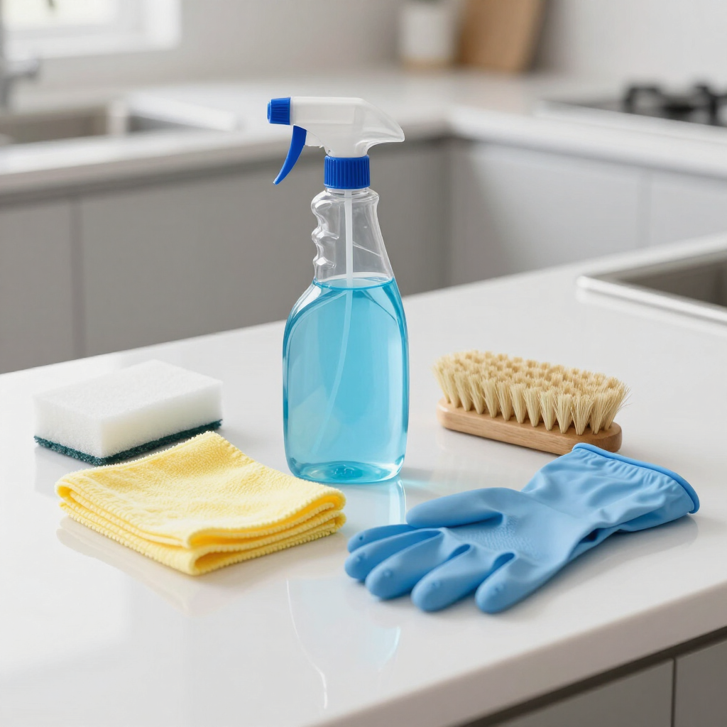 Cleaning supplies on a kitchen counter: blue spray bottle, sponge, cloths, gloves, and scrub brush.