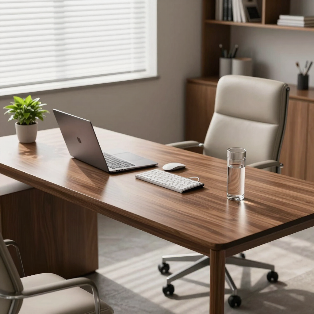 Modern office desk with laptop, keyboard, potted plant, and rolling chair by a window
