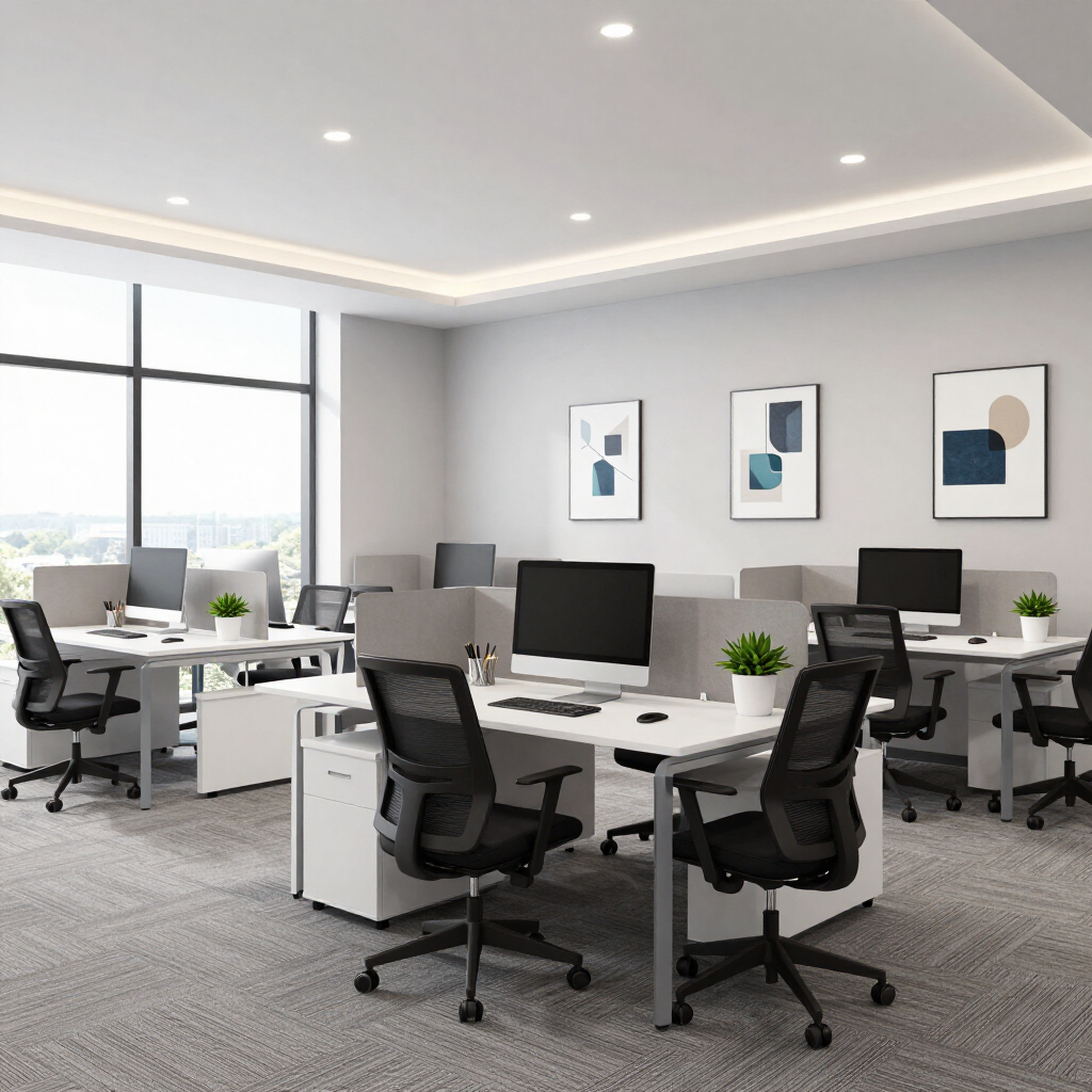 Bright modern office with white desks, black chairs, computers, and framed wall art.