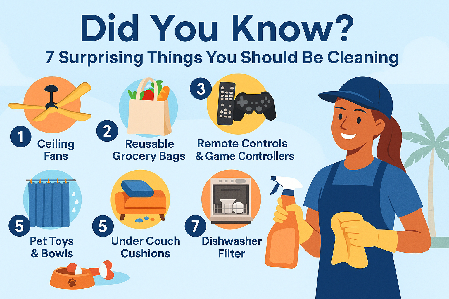 Infographic on cleaning tips, with a smiling cleaner and icons for fans, bags, remotes, pet toys, cushions, and filters