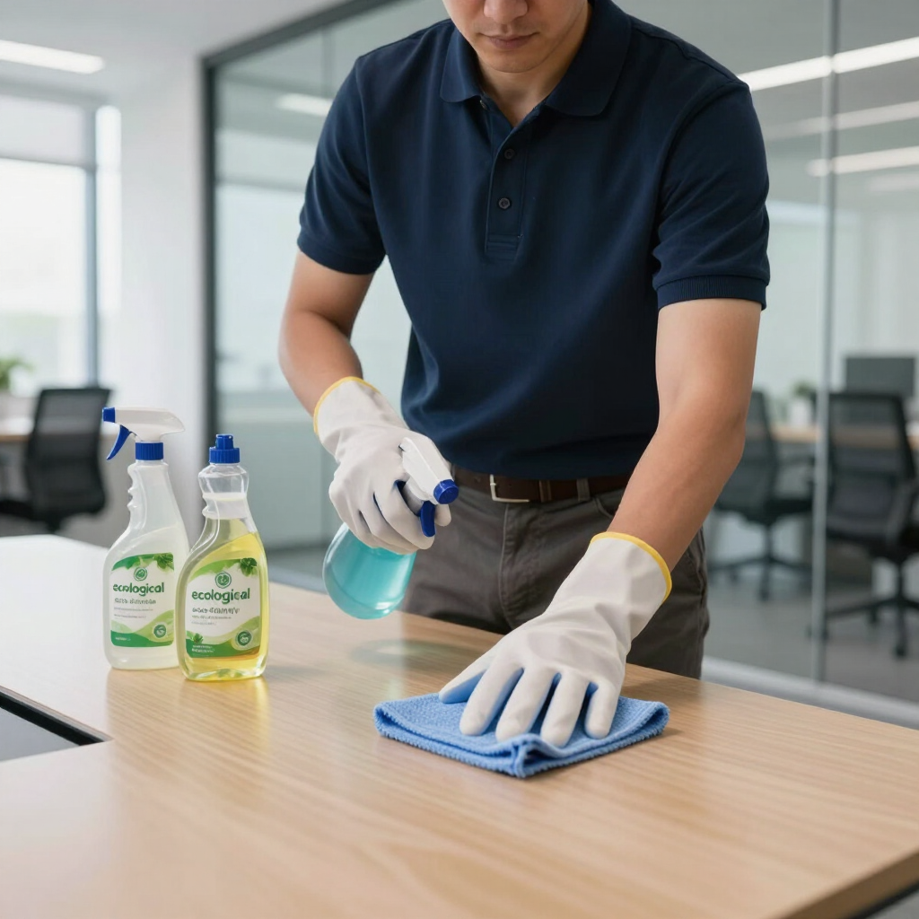 Person cleaning a desk with spray and cloth in an office, wearing gloves