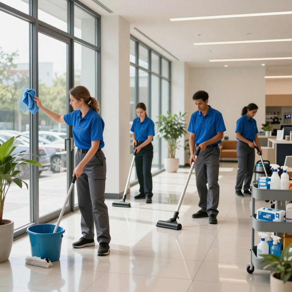 Janitorial crew in blue uniforms mopping and cleaning a bright office lobby