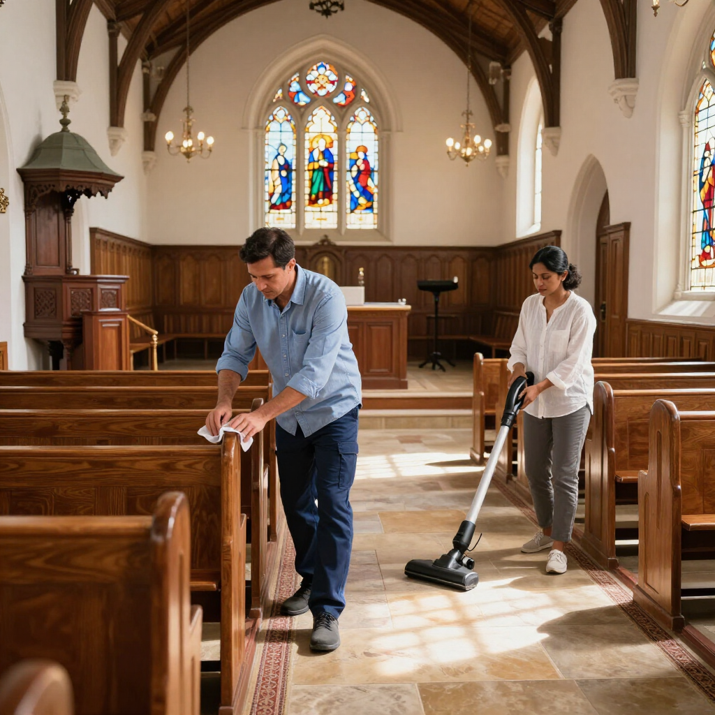Two people cleaning wooden pews in a sunlit church interior