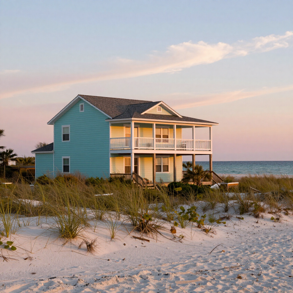 Blue beach house on dunes at sunset with a porch overlooking the ocean