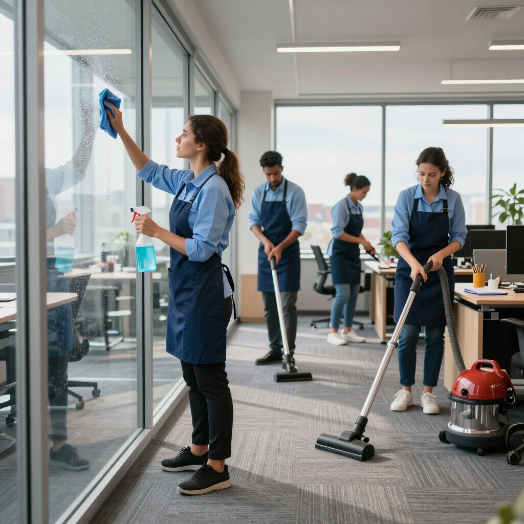 People cleaning an office with mops and a vacuum near large windows