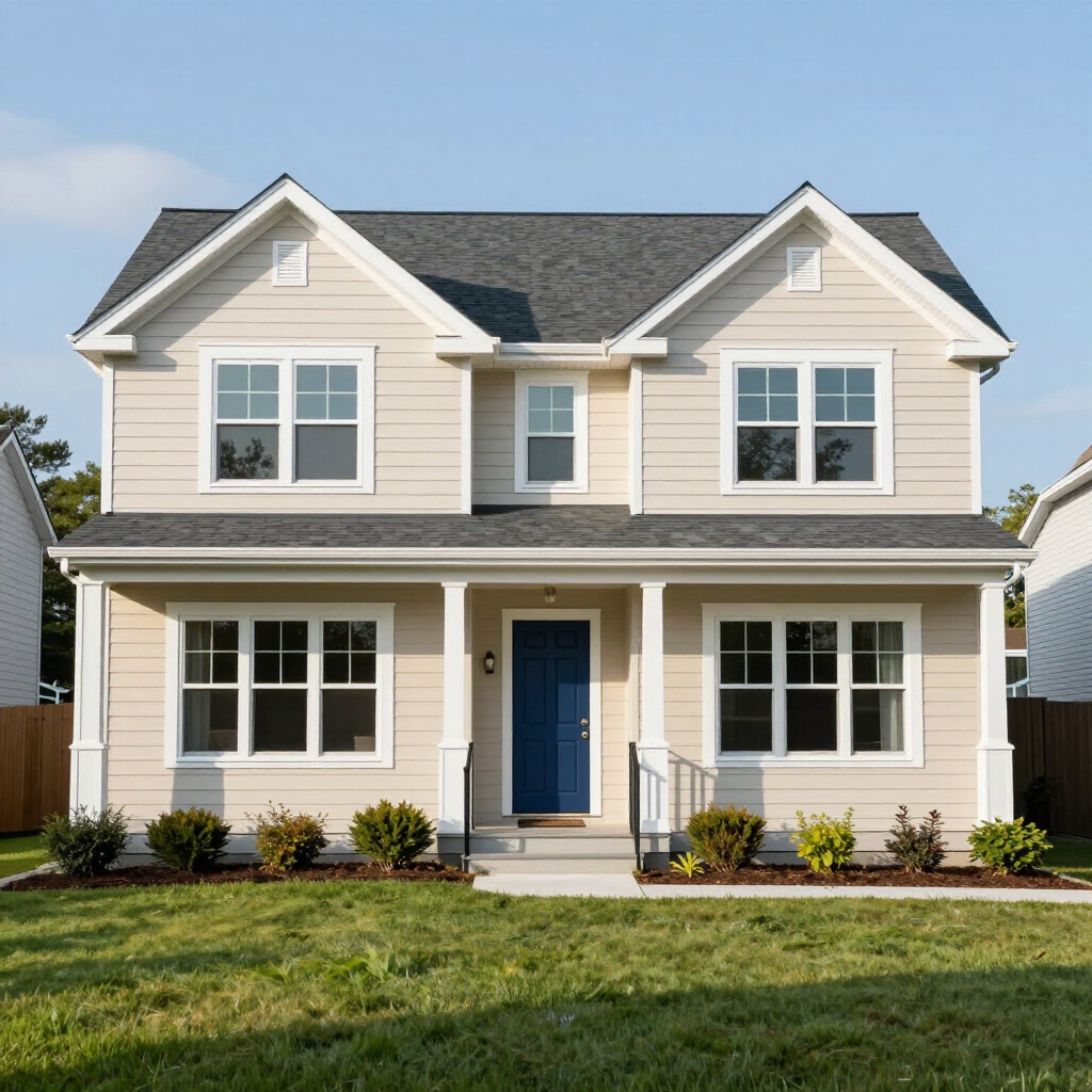 Two-story beige house with white trim, blue front door, and a manicured lawn