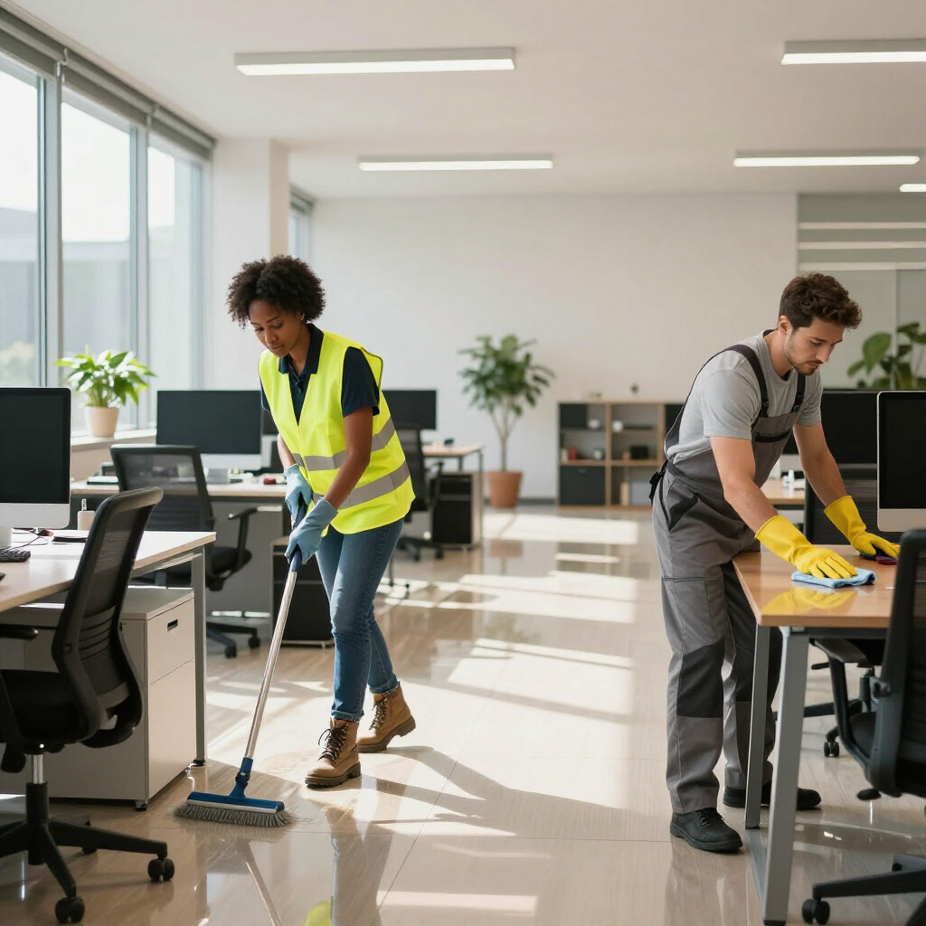 Two office cleaners vacuuming and wiping desks in a bright open-plan office